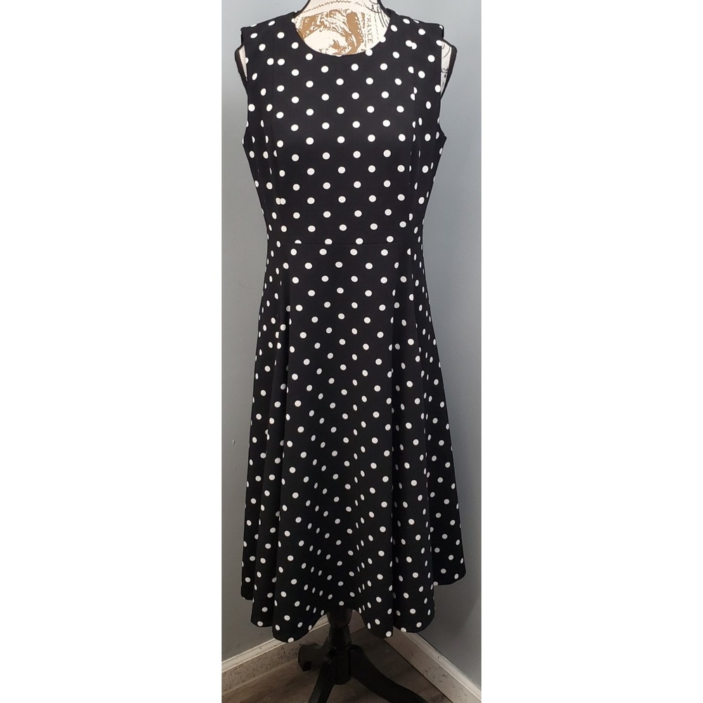 Calvin Klein Fit & Flare Dress Womens 6 Black White Polka Dot Exposed Zip
